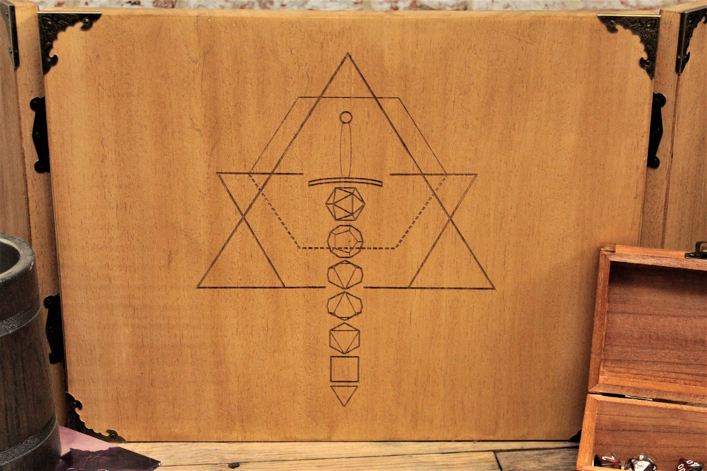 Hand made Dice Sword Engraved Wooden Dungeon Master Screen. For Dungeons and Dragons. tabletop gaming and tabletop RPG. Free UK Delivery By Fandomonium