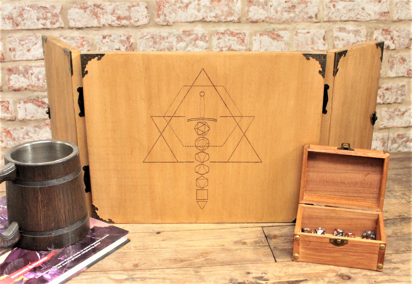 Hand made Dice Sword Engraved Wooden Dungeon Master Screen. For Dungeons and Dragons. tabletop gaming and tabletop RPG. Free UK Delivery By Fandomonium
