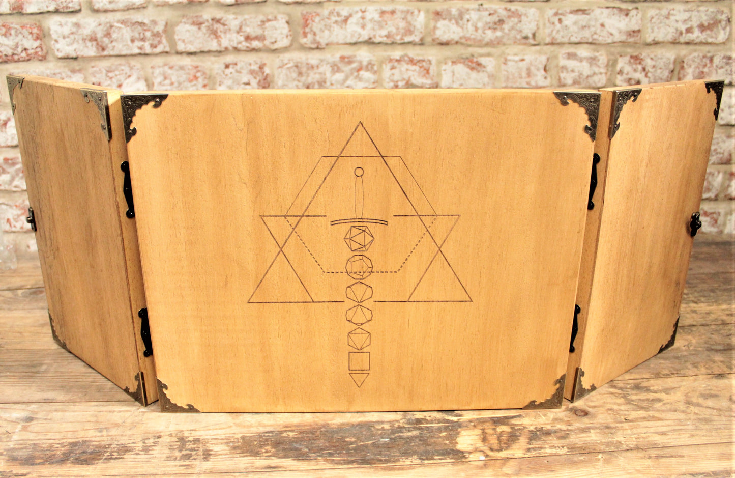Hand made Dice Sword Engraved Wooden Dungeon Master Screen. For Dungeons and Dragons. tabletop gaming and tabletop RPG. Free UK Delivery By Fandomonium