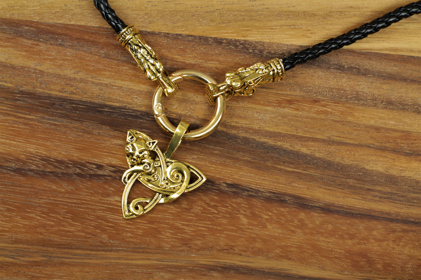 Gold Effect Triquetra Trinity Knot With Wolf Pendant Necklace