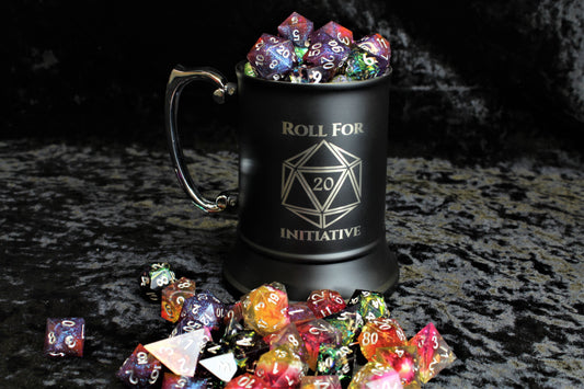 Engraved stainless steel drinking tankard.  Black enameled tankard engraved with your choice of 15 design option  Perfect for tabletop gaming, dungeons and dragons TTRPG's, LARP and much more.