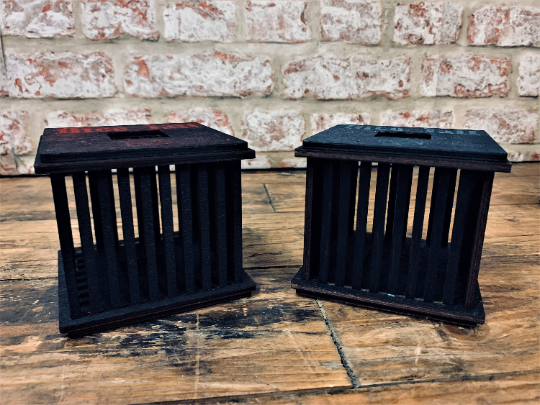 black wooden dice jail with colourful text. Choice of 3 colours. For use with Dungeons and Dragons, D&D, Tabletop Gaming. Dice games and RPG's. Free UK delivery with Fandomonium