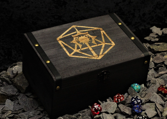 Cleric class engraved solid wood dice box with PU leather banding and metal studs. Free delivery by Fandomonium
