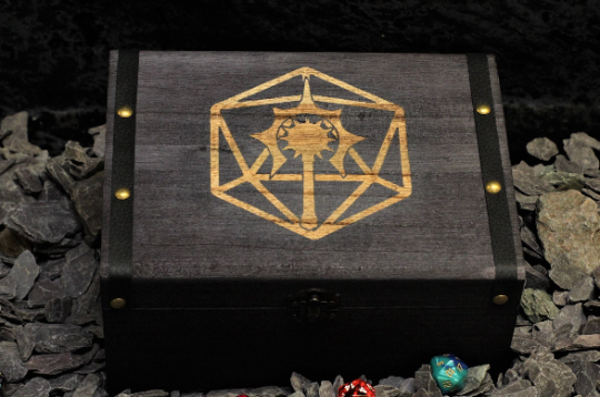 Cleric class engraved solid wood dice box with PU leather banding and metal studs. Free delivery by Fandomonium
