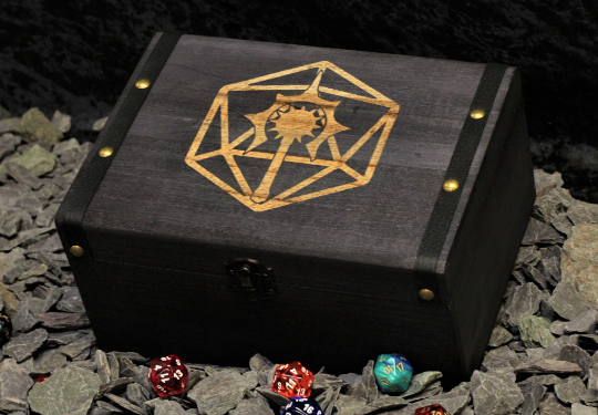 Cleric class engraved solid wood dice box with PU leather banding and metal studs. Free delivery by Fandomonium