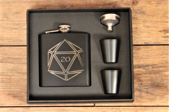 D20 Dice Engraved Hip Flask