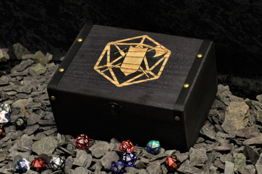 Fighter class engraved solid wood dice box with PU leather banding and metal studs. Free UK delivery with Fandomonium
