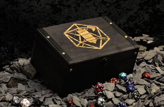 Fighter class engraved solid wood dice box with PU leather banding and metal studs. Free UK delivery with Fandomonium
