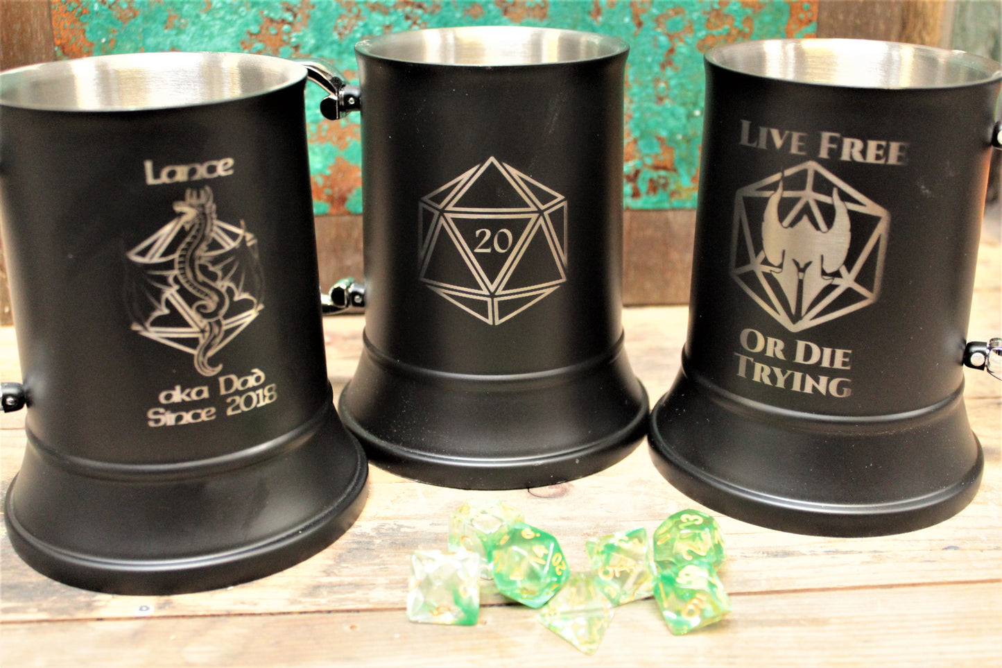 Engraved stainless steel drinking tankard. Black enameled tankard engraved with your choice of 15 design option Perfect for tabletop gaming, dungeons and dragons TTRPG's, LARP and much more.