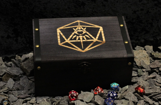 Warlock class engraved solid wood dice box with PU leather banding and metal studs