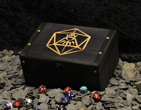 Warlock class engraved solid wood dice box with PU leather banding and metal studs