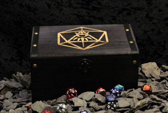 Warlock class engraved solid wood dice box with PU leather banding and metal studs