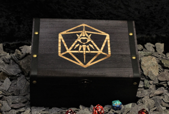 Warlock class engraved solid wood dice box with PU leather banding and metal studs