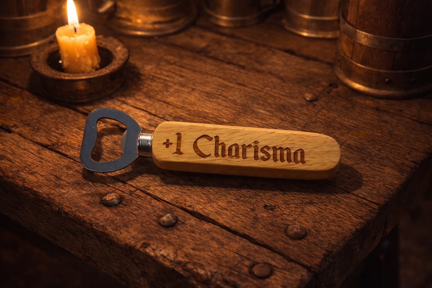 +1 Charisma engraved wooden handled bottle opener.