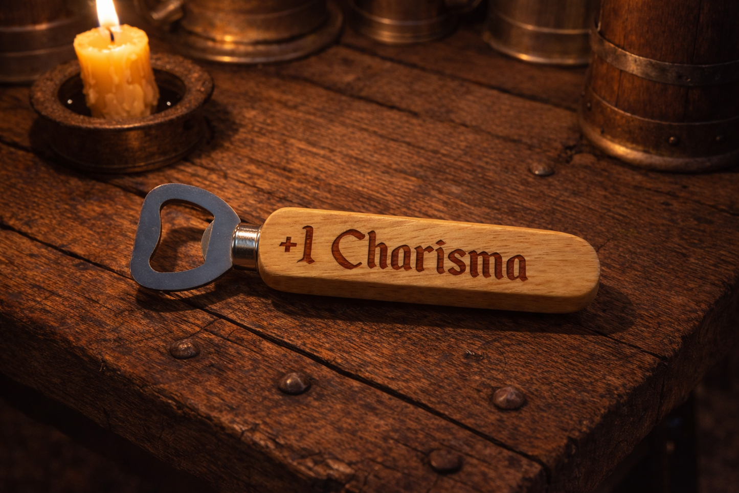 +1 Charisma engraved wooden handled bottle opener.