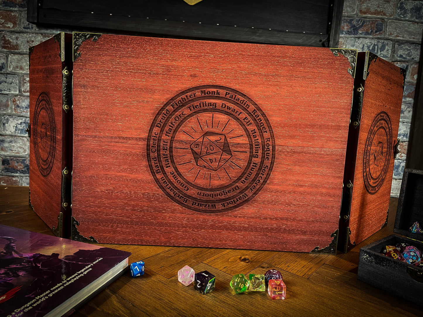 Wooden Dungeon Master Screen - D20 Character Wheel Motif