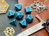 Ancient blue stone effect resin polyhedral dice set.  Yet another reason to add to your growing dice collection with these fantastic resin dice.  They are standard 16mm polyhedral dice sets perfect for Tabletop games and RPG's such as pathfinder or dungeons and dragons.  This set includes one of each D20, D12, D10, D%, D8, D6, D4.