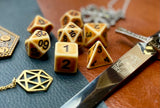 Ancient bone effect resin polyhedral dice set.  Yet another reason to add to your growing dice collection with these fantastic resin dice.  They are standard 16mm polyhedral dice sets perfect for Tabletop games and RPG's such as pathfinder or dungeons and dragons.  This set includes one of each D20, D12, D10, D%, D8, D6, D4.