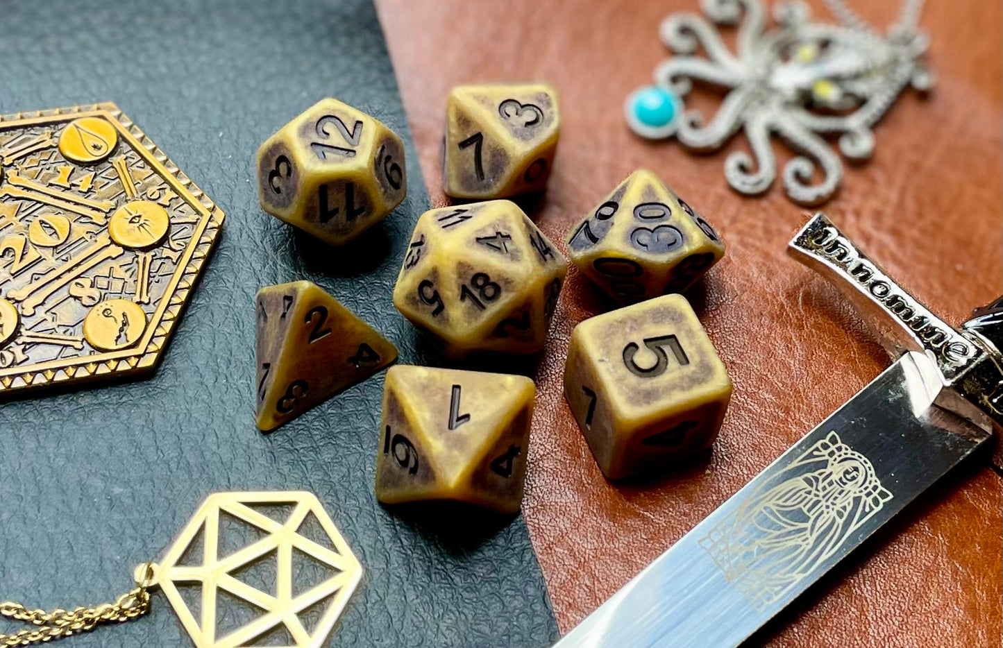 Ancient gold effect resin polyhedral dice set.  Yet another reason to add to your growing dice collection with these fantastic resin dice.  They are standard 16mm polyhedral dice sets perfect for Tabletop games and RPG's such as pathfinder or dungeons and dragons.  This set includes one of each D20, D12, D10, D%, D8, D6, D4.