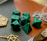 Ancient Green stone effect resin polyhedral dice set.  Yet another reason to add to your growing dice collection with these fantastic resin dice.  They are standard 16mm polyhedral dice sets perfect for Tabletop games and RPG's such as pathfinder or dungeons and dragons.  This set includes one of each D20, D12, D10, D%, D8, D6, D4.