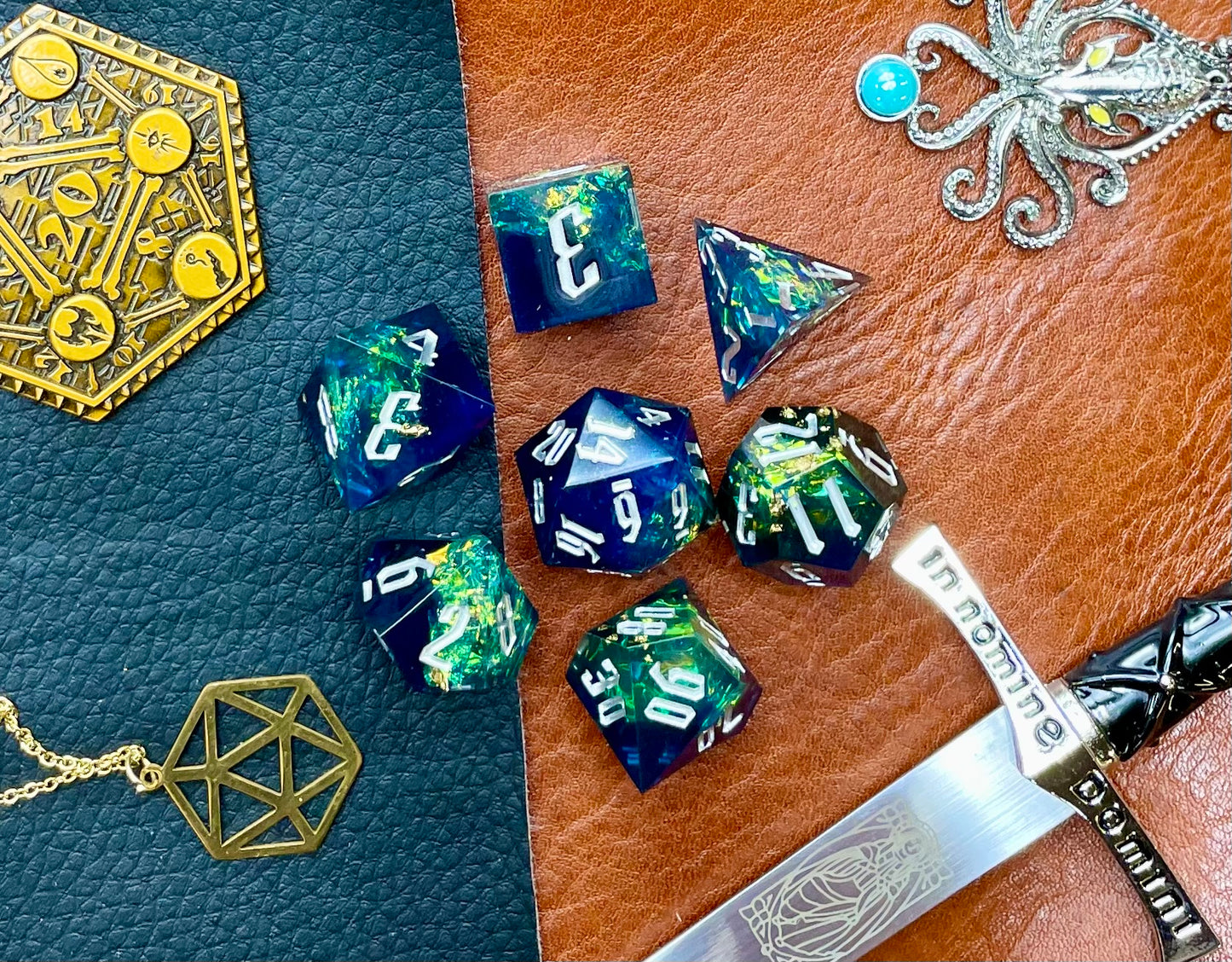 Blue and Green Glitter Sharp Edge Dice Set Polished luxury sharp edge dice set Roll in style with these polyhedral dice sets perfect for Tabletop games and RPG's such as pathfinder or dungeons and dragons Free UK Delivery by Fandomonium