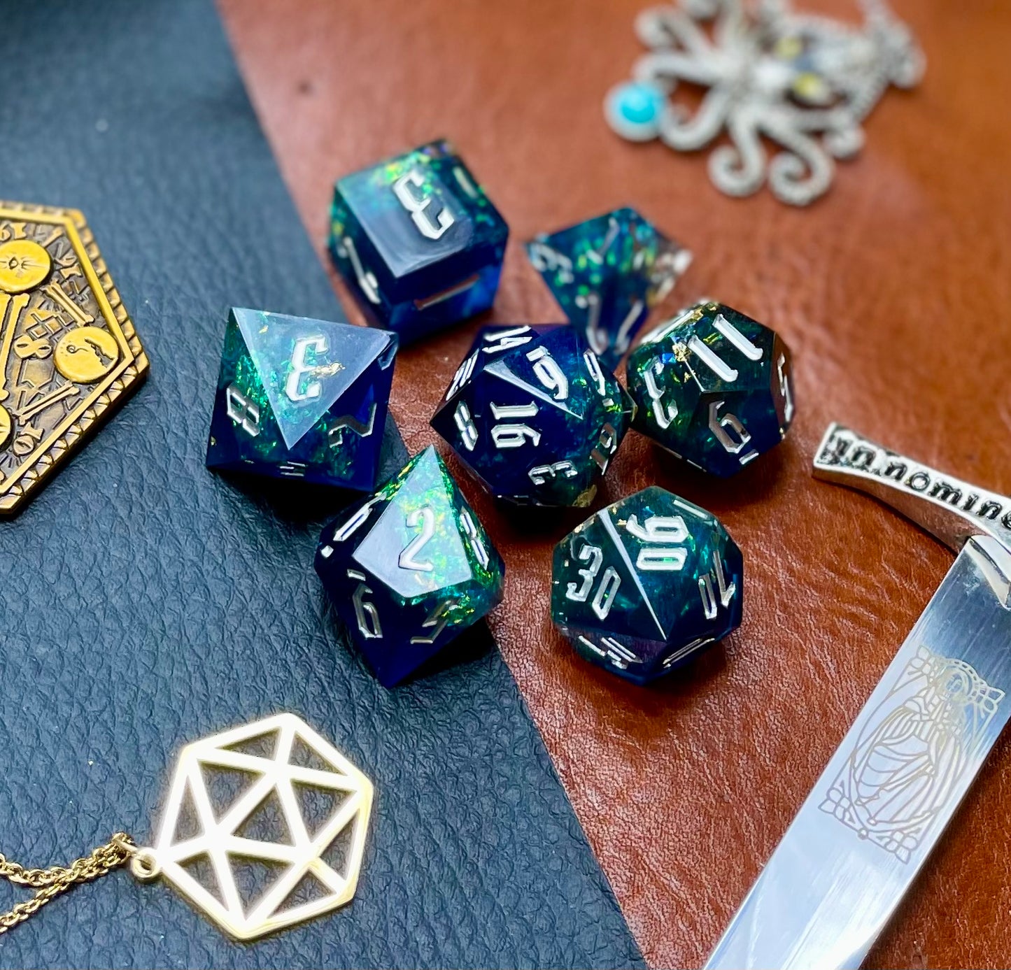 Blue and Green Glitter Sharp Edge Dice Set Polished luxury sharp edge dice set Roll in style with these polyhedral dice sets perfect for Tabletop games and RPG's such as pathfinder or dungeons and dragons Free UK Delivery by Fandomonium