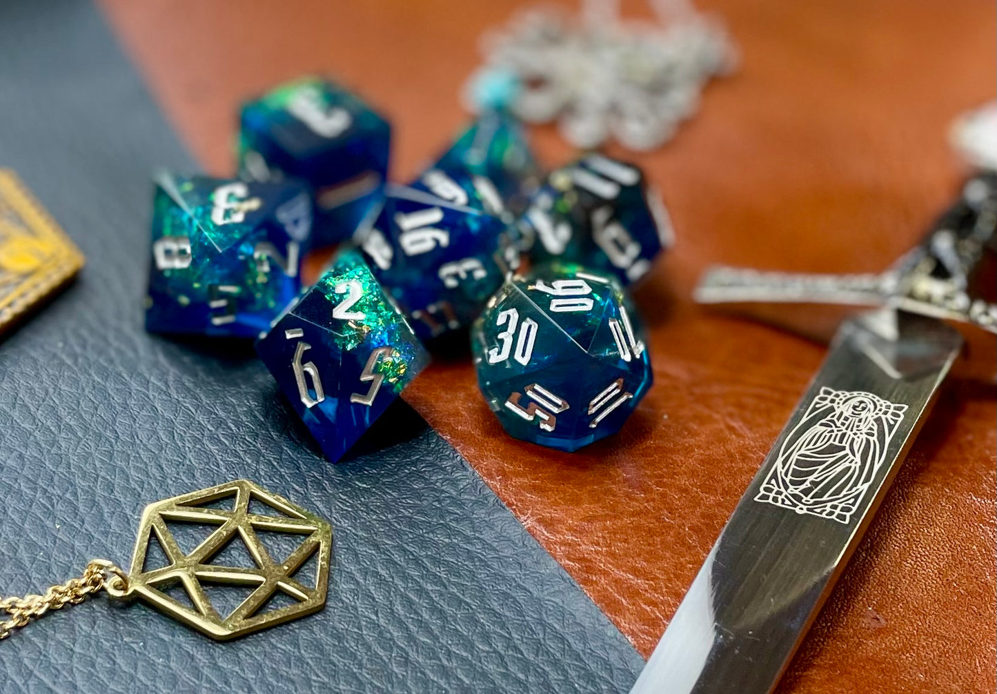 Blue and Green Glitter Sharp Edge Dice Set Polished luxury sharp edge dice set Roll in style with these polyhedral dice sets perfect for Tabletop games and RPG's such as pathfinder or dungeons and dragons Free UK Delivery by Fandomonium