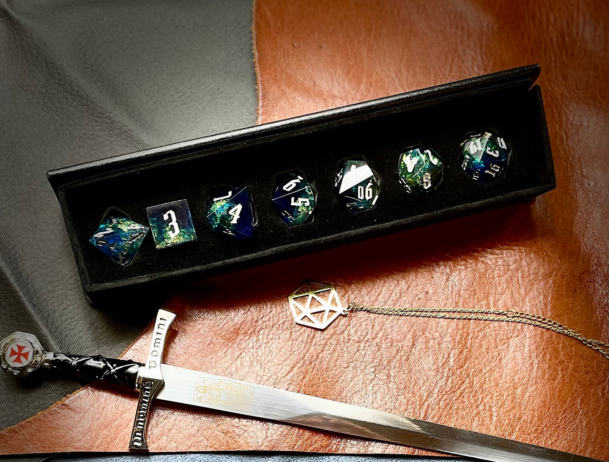 Blue and Green Glitter Sharp Edge Dice Set Polished luxury sharp edge dice set Roll in style with these polyhedral dice sets perfect for Tabletop games and RPG's such as pathfinder or dungeons and dragons Free UK Delivery by Fandomonium