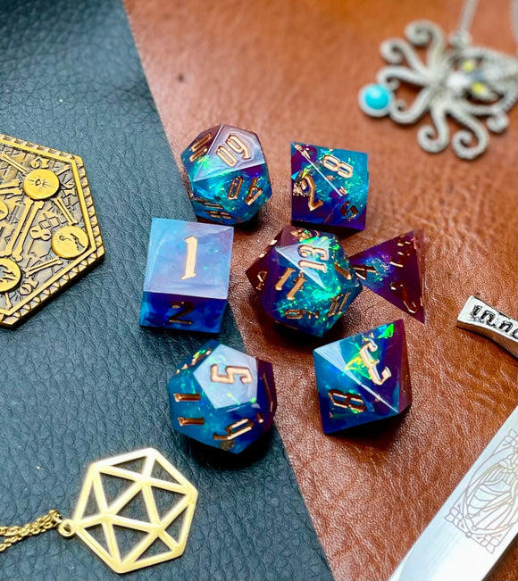 Blue and Pink Glitter Sharp Edge Dice Set Polished luxury sharp edge dice set Roll in style with these polyhedral dice sets perfect for Tabletop games and RPG's such as pathfinder or dungeons and dragons Free UK Delivery by Fandomonium