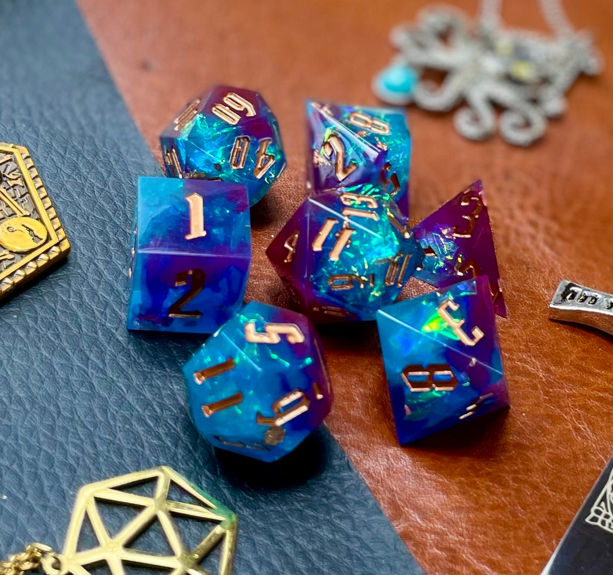 Blue and Pink Glitter Sharp Edge Dice Set Polished luxury sharp edge dice set Roll in style with these polyhedral dice sets perfect for Tabletop games and RPG's such as pathfinder or dungeons and dragons Free UK Delivery by Fandomonium