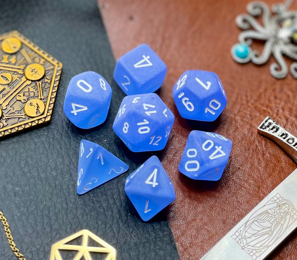 Blue Frosted Chessex Dice Set  These genuine Chessex polyhedral dice sets are a perfect addition to any dice collection.  They are standard 16mm polyhedral dice sets perfect for Tabletop games and RPG's such as pathfinder or dungeons and dragons.  This set includes one of each D20, D12, D10, D%, D8, D6, D4.  Why Choose Chessex?  Chessex are the market leaders in quality of dice and consistency of roll and have been creating dice for over 30 years