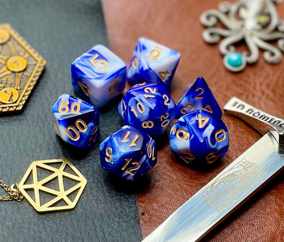 Blue and White Marble Polyhedral Dice Set