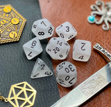Clear Frosted Chessex Dice Set  These genuine Chessex polyhedral dice sets are a perfect addition to any dice collection.  They are standard 16mm polyhedral dice sets perfect for Tabletop games and RPG's such as pathfinder or dungeons and dragons.  This set includes one of each D20, D12, D10, D%, D8, D6, D4.  Why Choose Chessex?  Chessex are the market leaders in quality of dice and consistency of roll and have been creating dice for over 30 years