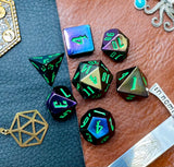 Chameleon Dice Set Resin dice set with colour changing "Chameleon effect" giving your dice the appearance of a different colour at every angle They are 16mm polyhedral dice sets perfect for Tabletop games and RPG's such as pathfinder or dungeons and dragons. Free UK Delivery by Fandomonium