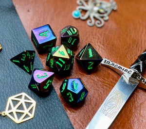 Chameleon Dice Set Resin dice set with colour changing "Chameleon effect" giving your dice the appearance of a different colour at every angle They are 16mm polyhedral dice sets perfect for Tabletop games and RPG's such as pathfinder or dungeons and dragons. Free UK Delivery by Fandomonium