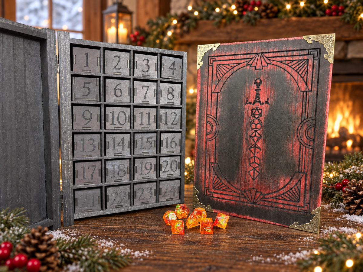 wooden advent calendar with dice in black with red highlights.