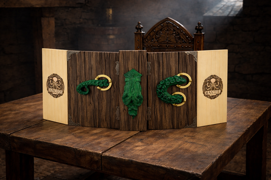 Handmade Cthulhu-themed Dungeon Master screen made from solid wood, standing open on a rustic wooden tavern table. The screen features engraved wood-textured panels, a 3D carved green Cthulhu bust and tentacle handles, antiqued metal hinges, and light wooden outer panels engraved with “Dungeon Master” designs, lit by warm candlelight in a medieval tavern setting.
