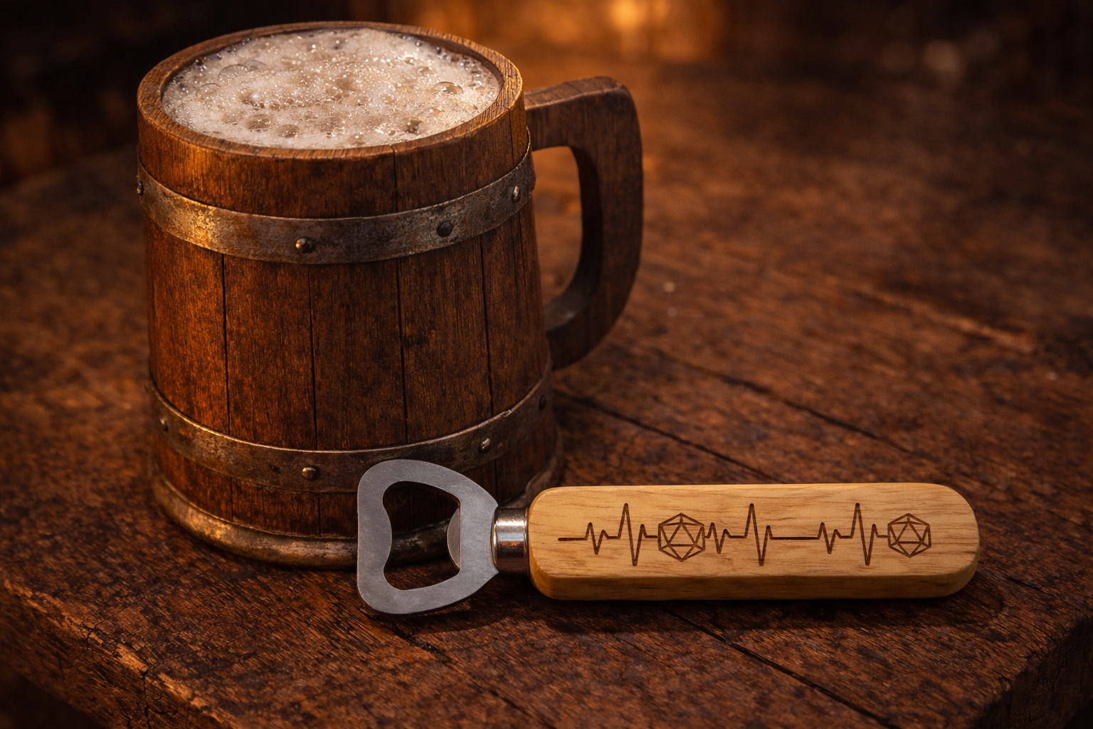 D20 Heartbeat Wooden Bottle Opener