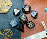 Dark Shadows Lustrous Chessex Dice Setet  These genuine Chessex polyhedral dice sets are a perfect addition to any dice collection.  They are standard 16mm polyhedral dice sets perfect for Tabletop games and RPG's such as pathfinder or dungeons and dragons.  This set includes one of each D20, D12, D10, D%, D8, D6, D4.  Why Choose Chessex?  Chessex are the market leaders in quality of dice and consistency of roll and have been creating dice for over 30 years