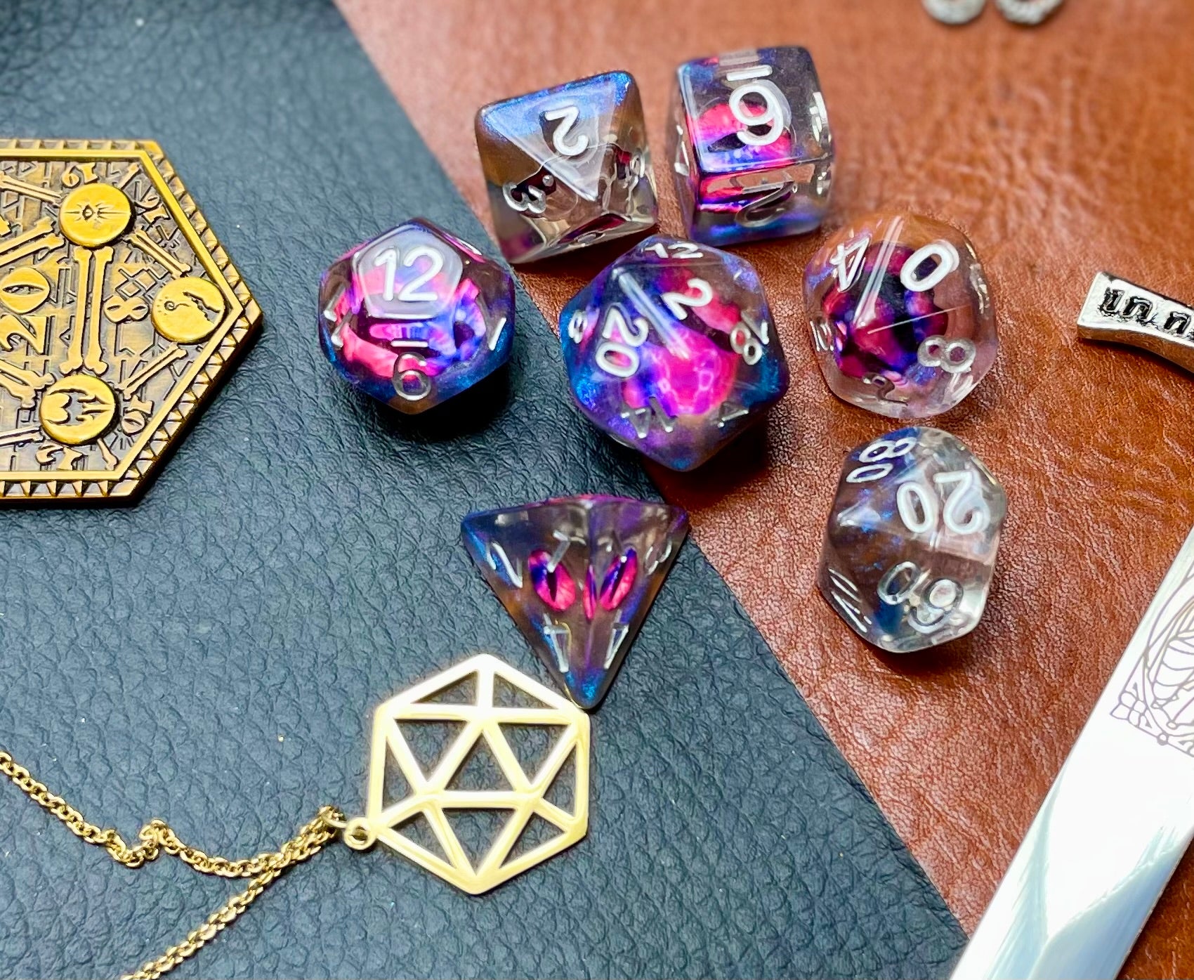 Demon's Eye Dice Set Resin dice set with inset "Demons Eye" They are 16mm polyhedral dice sets perfect for Tabletop games and RPG's such as pathfinder or dungeons and dragons. Free UK Delivery by Fandomonium