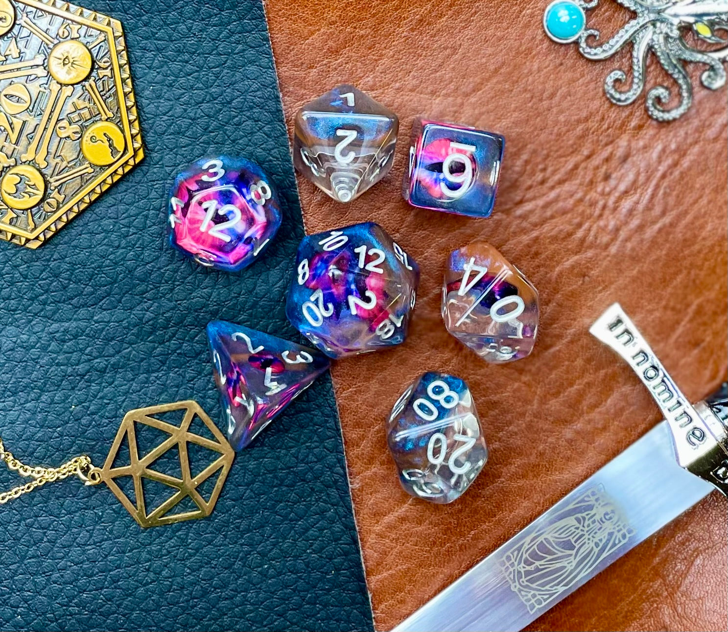 Demon's Eye Dice Set Resin dice set with inset "Demons Eye" They are 16mm polyhedral dice sets perfect for Tabletop games and RPG's such as pathfinder or dungeons and dragons. Free UK Delivery by Fandomonium