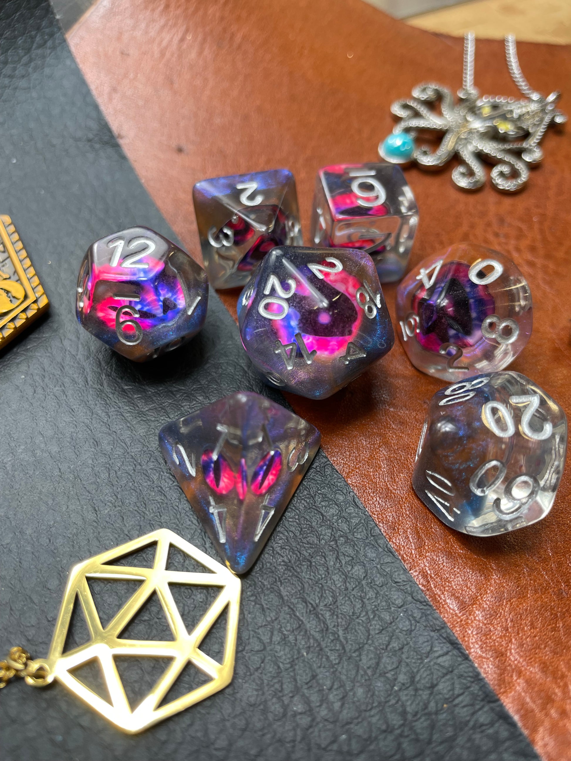 Demon's Eye Dice Set Resin dice set with inset "Demons Eye" They are 16mm polyhedral dice sets perfect for Tabletop games and RPG's such as pathfinder or dungeons and dragons. Free UK Delivery by Fandomonium