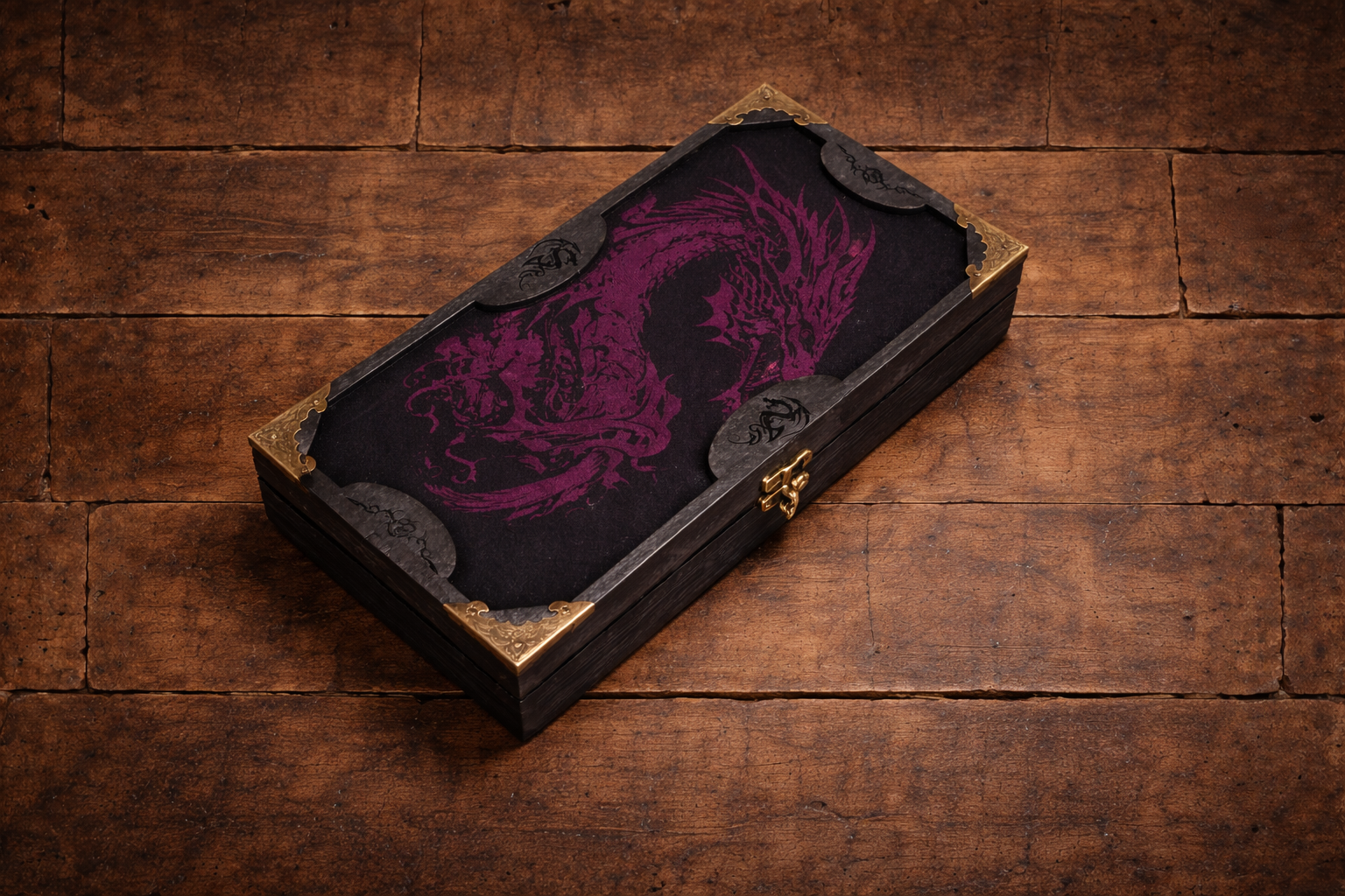 Dragon's Hoard Wooden Players Box

Hand made and finished dice box for storing dice, cards, counters and accessories with handy pen storage and in built roll tray. Complete with bronze effect corner protectors and clasp along with our Dragon's hoard design.