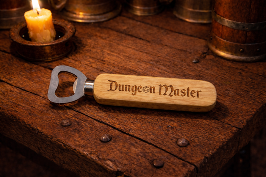 Dungeon Master engraved wooden handled bottle opener.