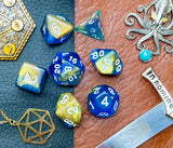 Gemini Blue Gold Chessex Dice Set These genuine Chessex polyhedral dice sets are a perfect addition to any dice collection. They are standard 16mm polyhedral dice sets perfect for Tabletop games and RPG's such as pathfinder or dungeons and dragons. Free UK Delivery by Fandomonium