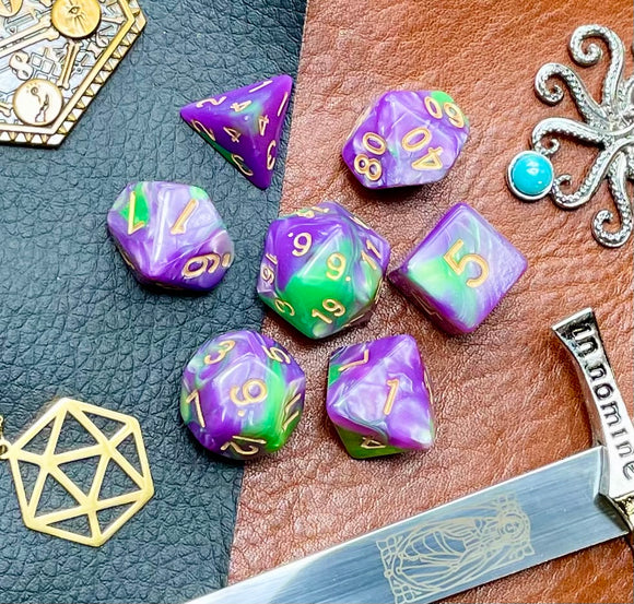 Elemental Light Purple and Green Polyhedral Dice Set