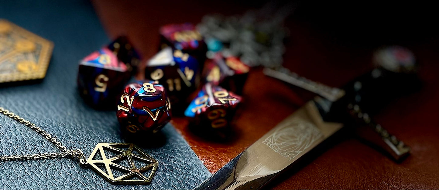 Elemental Red and Blue resin polyhedral dice set.  Awaken the elements with these fantastic resin dice. Combining vibrant red and blue swirls; each dice has its own unique pattern.  They are standard 16mm polyhedral dice sets perfect for Tabletop games and RPG's such as pathfinder or dungeons and dragons.  This set includes one of each D20, D12, D10, D%, D8, D6, D4.