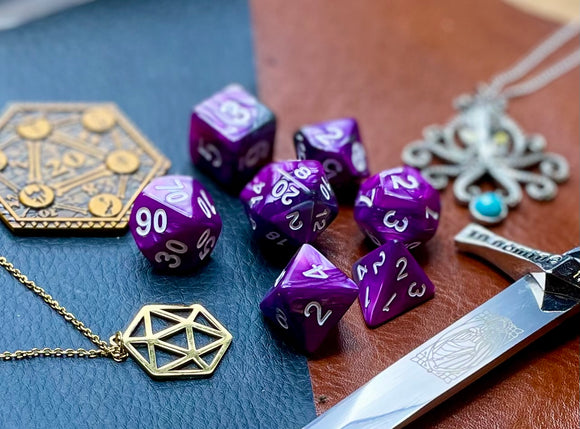Elemental Steel and Purple resin polyhedral dice set.  Awaken the elements with these fantastic resin dice. Combining vibrant purple and steel swirls; each dice has its own unique pattern.  They are standard 16mm polyhedral dice sets perfect for Tabletop games and RPG's such as pathfinder or dungeons and dragons.  This set includes one of each D20, D12, D10, D%, D8, D6, D4.