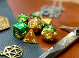 Gemini Gold Green Chessex Dice Set These genuine Chessex polyhedral dice sets are a perfect addition to any dice collection. They are standard 16mm polyhedral dice sets perfect for Tabletop games and RPG's such as pathfinder or dungeons and dragons. Free UK Delivery by Fandomonium