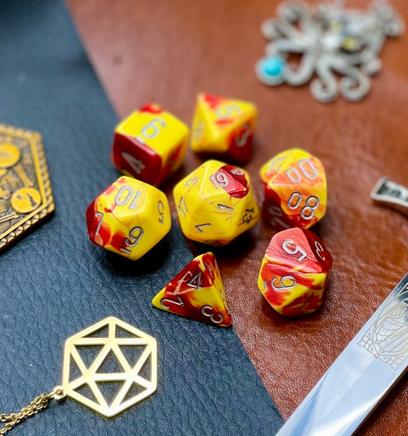 Gemini Red Yellow Chessex Dice Set These genuine Chessex polyhedral dice sets are a perfect addition to any dice collection. They are standard 16mm polyhedral dice sets perfect for Tabletop games and RPG's such as pathfinder or dungeons and dragons. Free UK Delivery by Fandomonium